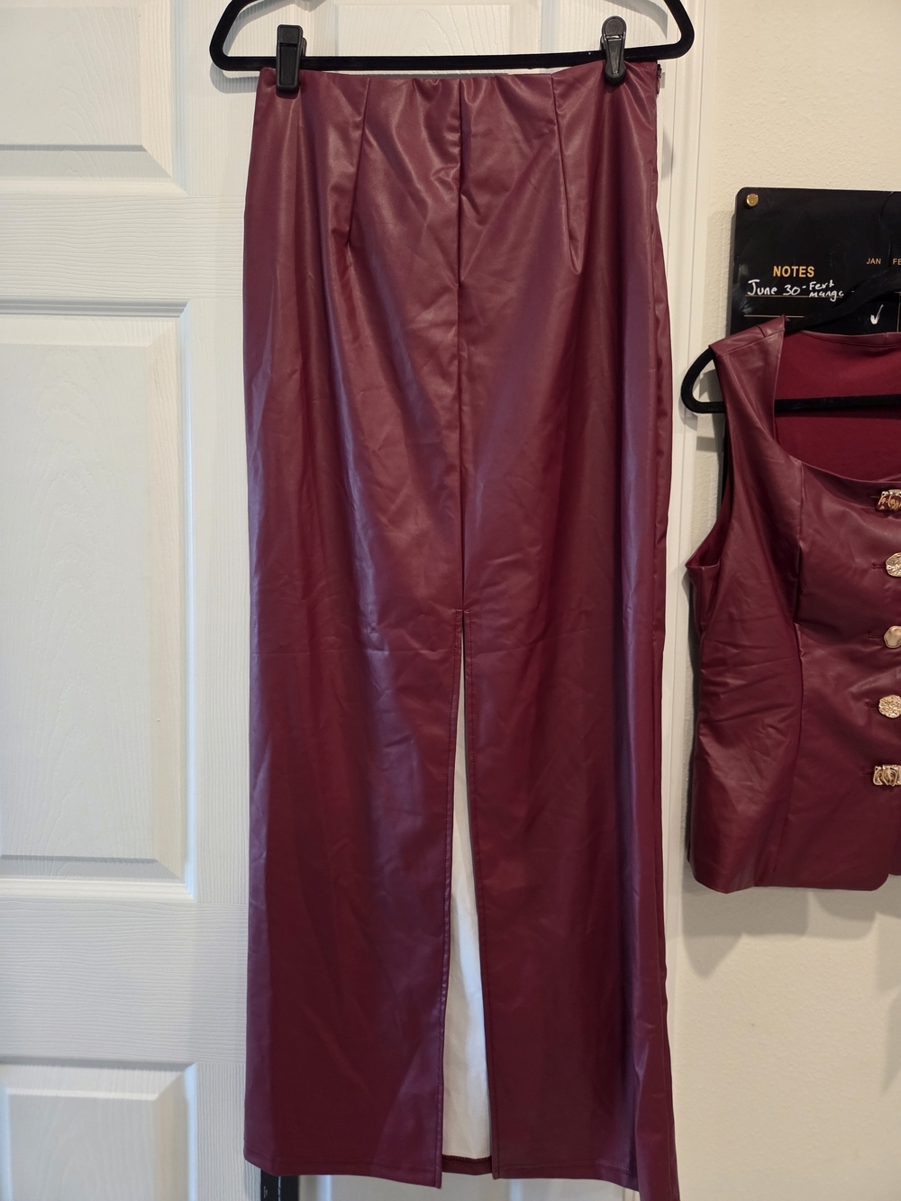 Faux Leather Burgundy Maxi Skirt Set with Buttoned Top - Picture 5 of 7